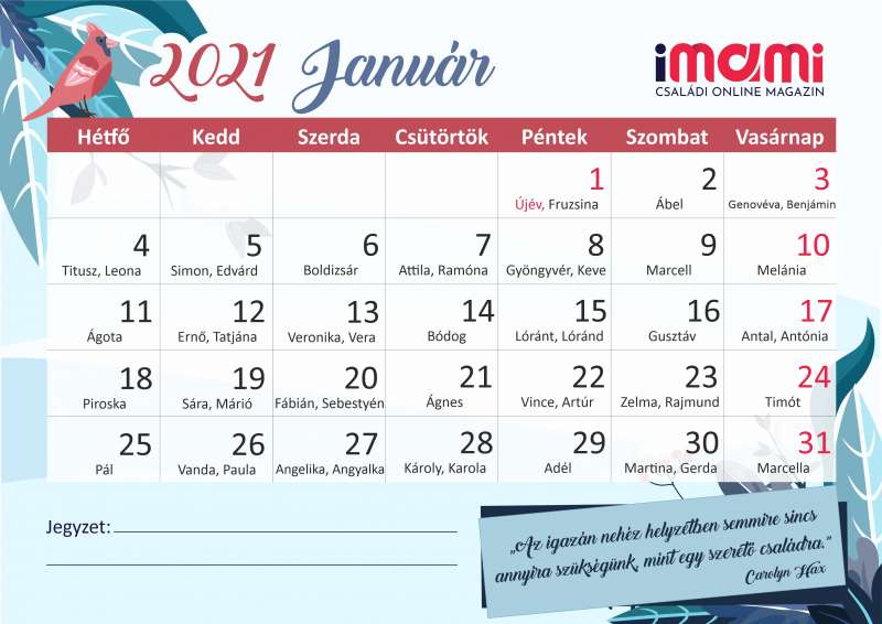 2021. január fogyás naptár